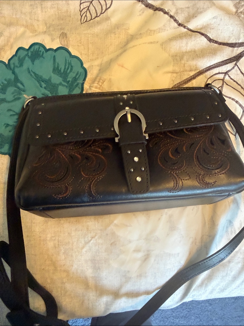 New Patricia Nash Leather Studded & Embroidered Maisie Crossbody Black